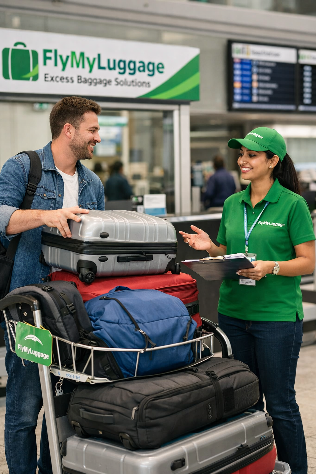 Passenger handling excess baggage at airport with FlyMyLuggage assistance