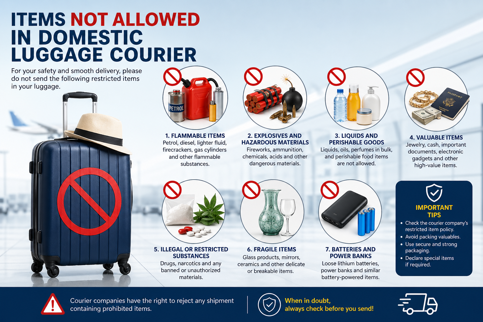 Items not allowed in domestic luggage courier services in India