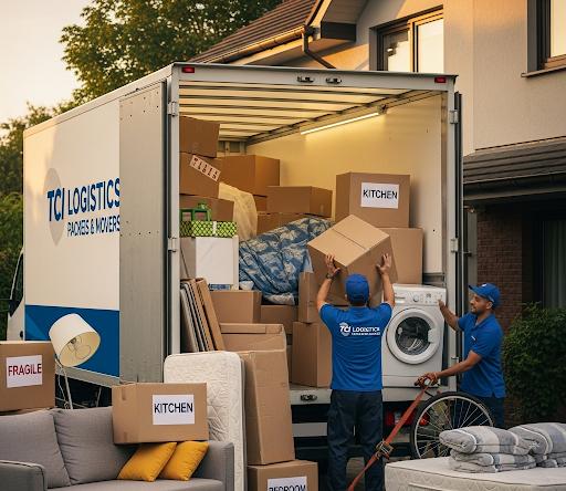 Family packing household items safely for transport within India