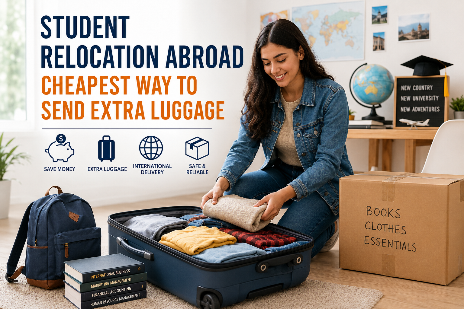 International student sending extra luggage abroad before university relocation