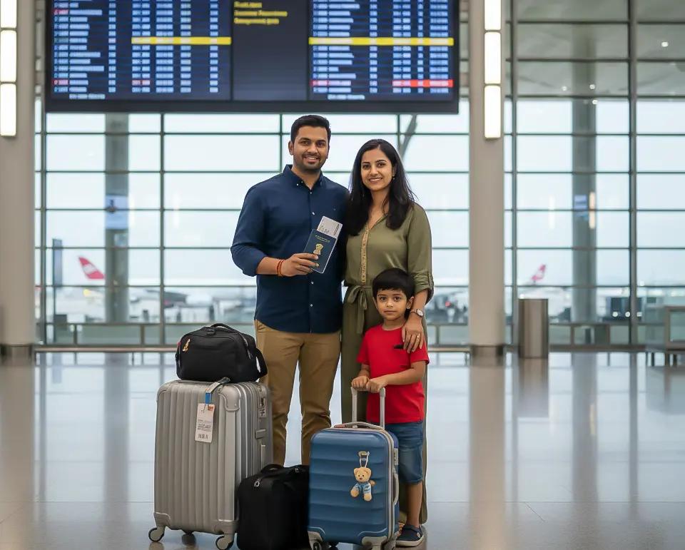 Indian student traveling abroad with extra luggage at airport