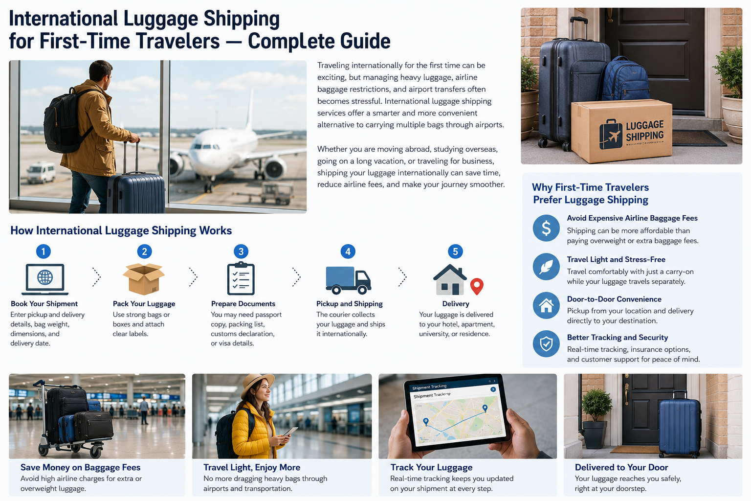 Traveler using international luggage shipping service at airport
