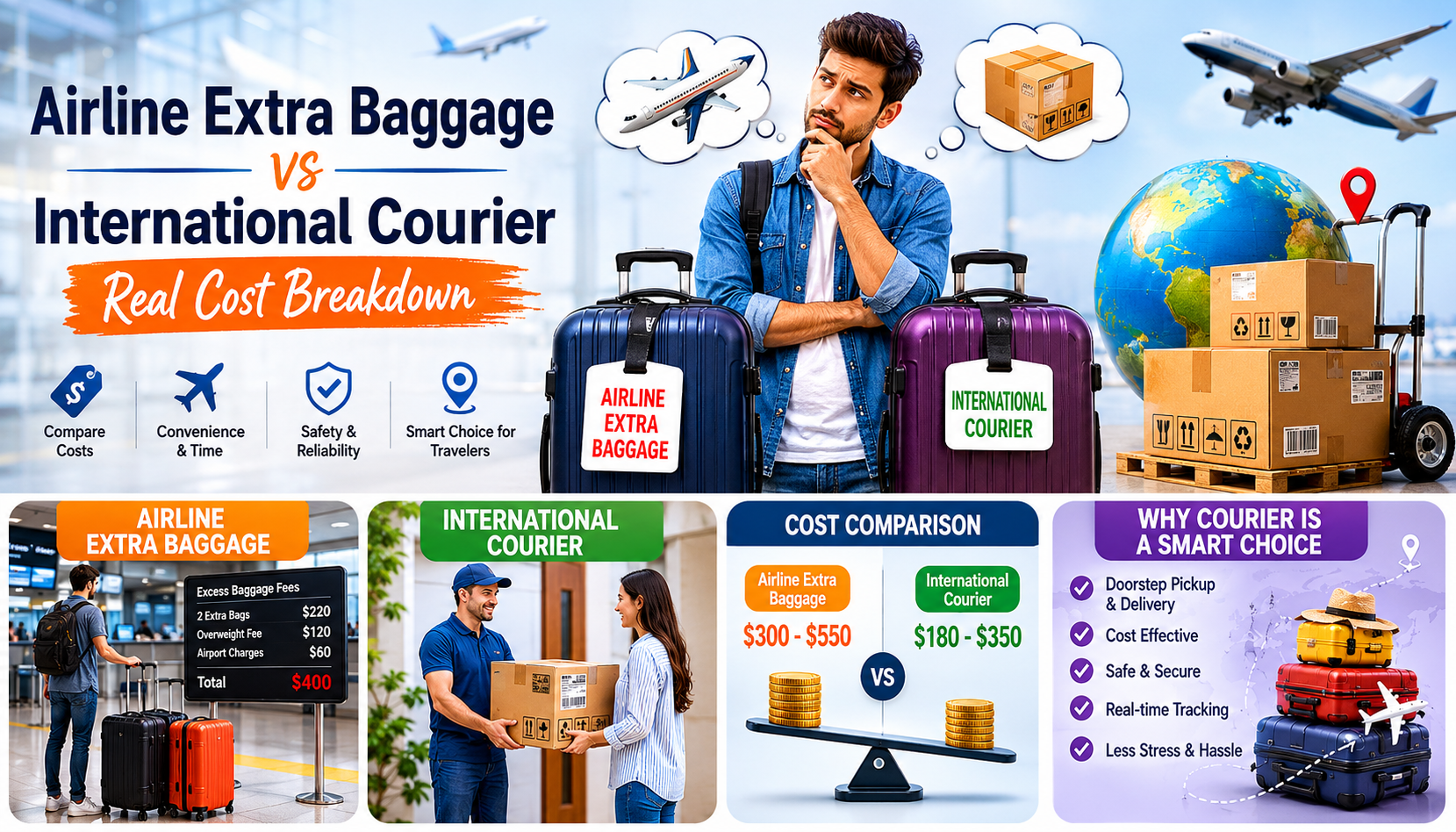 Traveler comparing airline extra baggage fees with international courier shipping costs