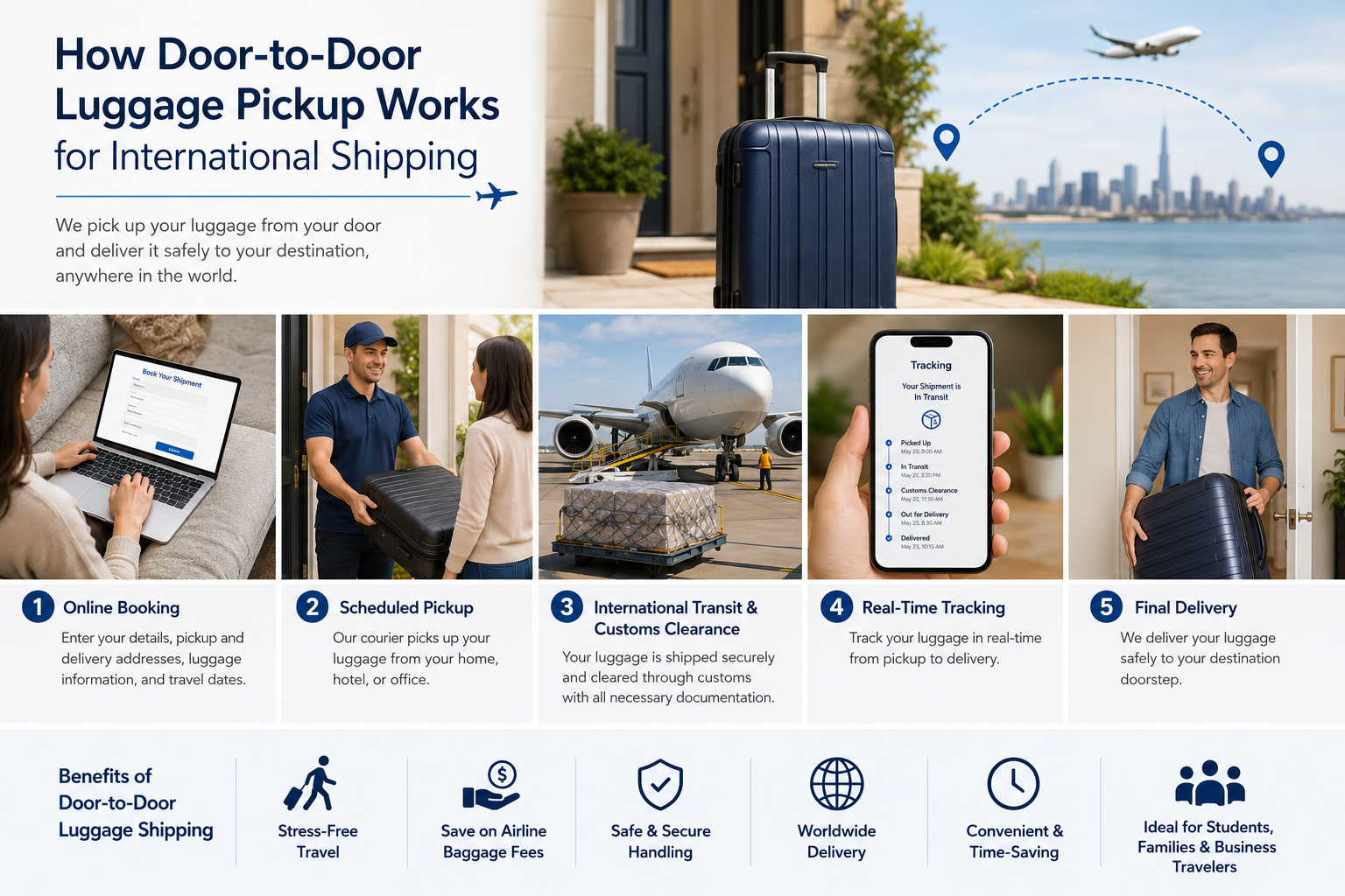 Traveler using international door-to-door luggage pickup and delivery service