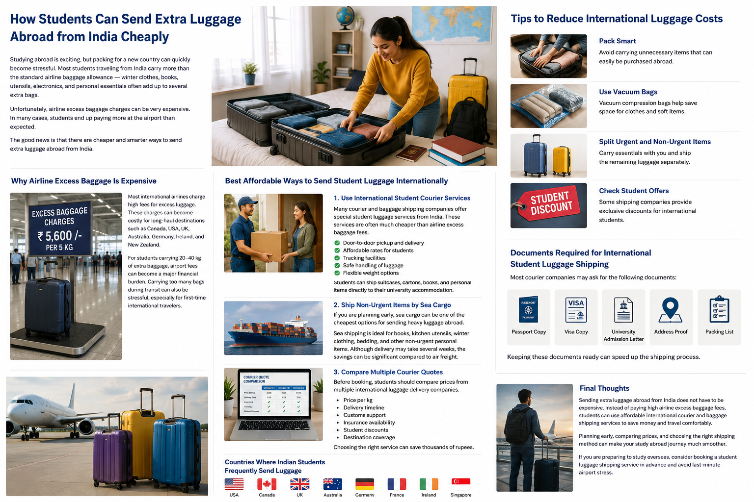 Student packing extra luggage for international study abroad from India